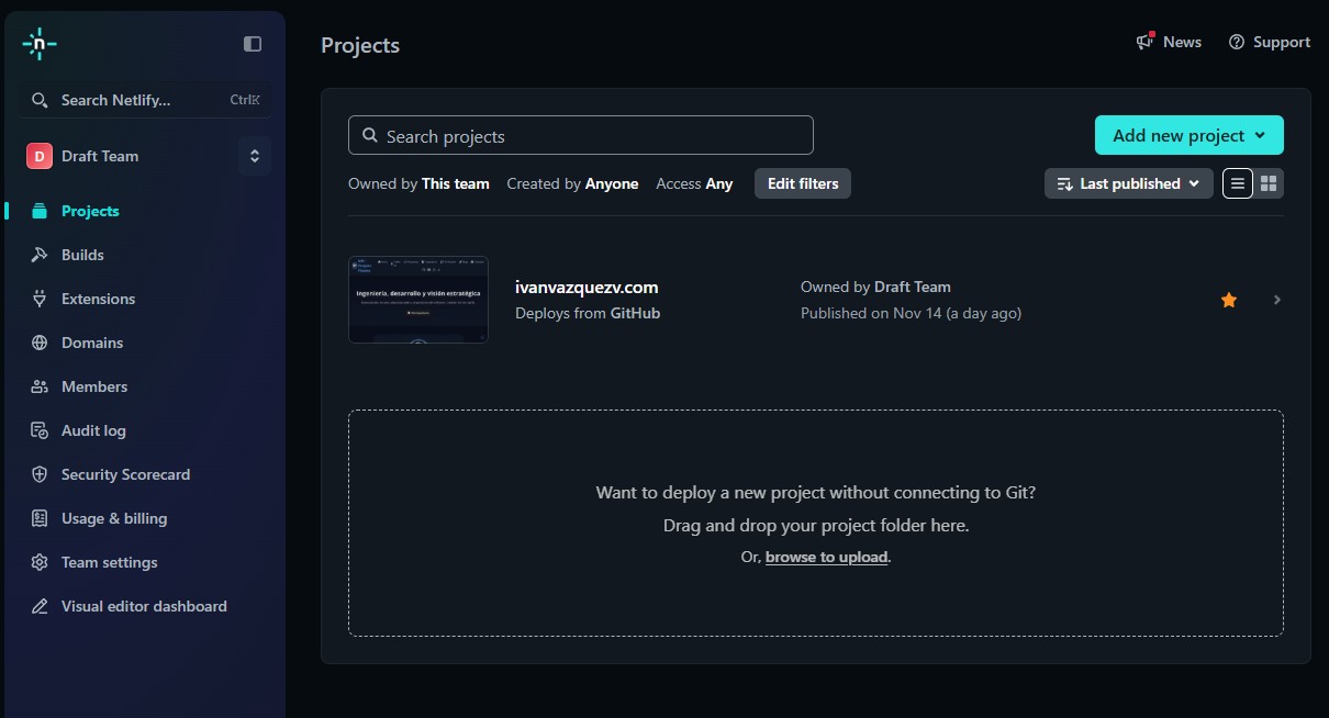 Panel de despliegue en Netlify